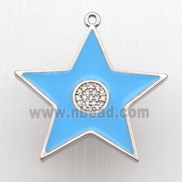 copper star pendant paved zircon, blue enameling, platinum plated