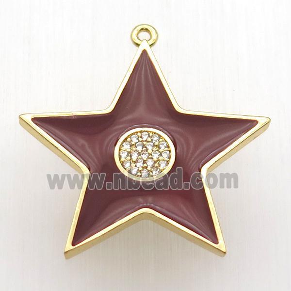 copper star pendant paved zircon, red enameling, gold plated
