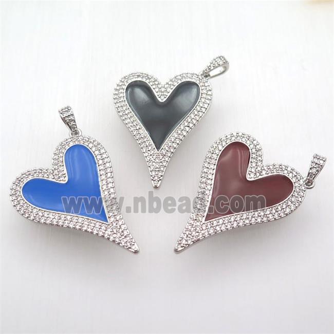 copper heart pendant paved zircon, enameling, platinum plated, mixed