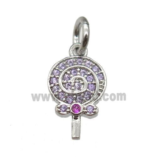 copper Lollipop pendant paved zircon, platinum plated