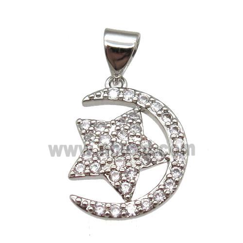 copper moon star pendant paved zircon, platinum plated