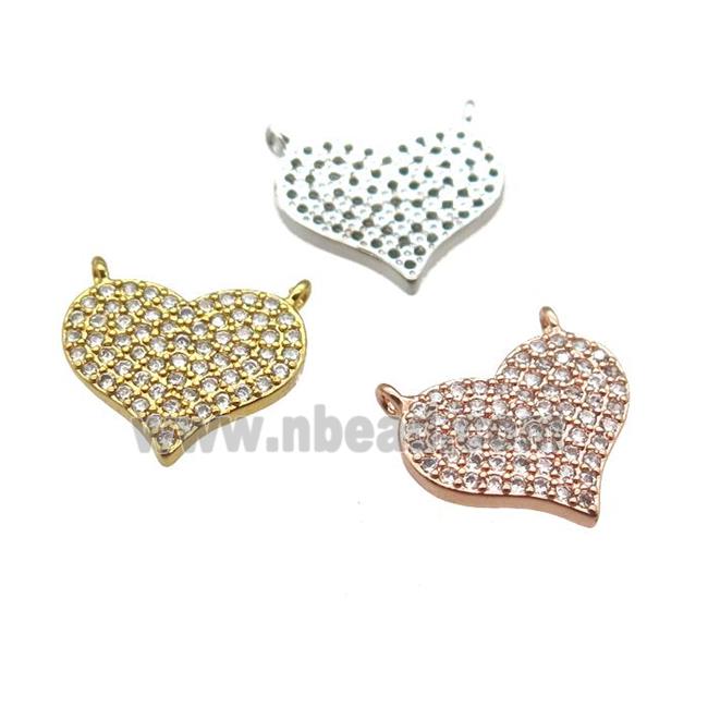 copper heart pendant paved zircon with 2loops, mixed color