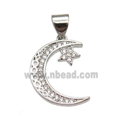 copper moon pendant pave zircon, platinum plated
