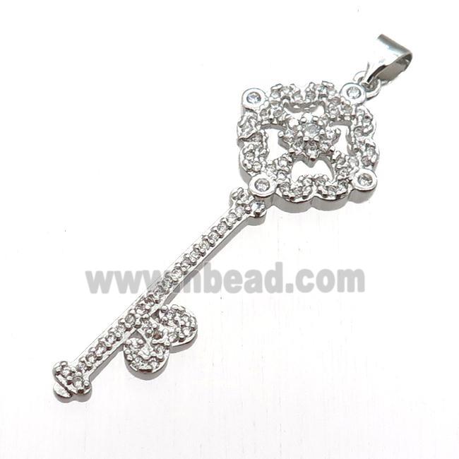 copper Key pendant pave zircon, platinum plated