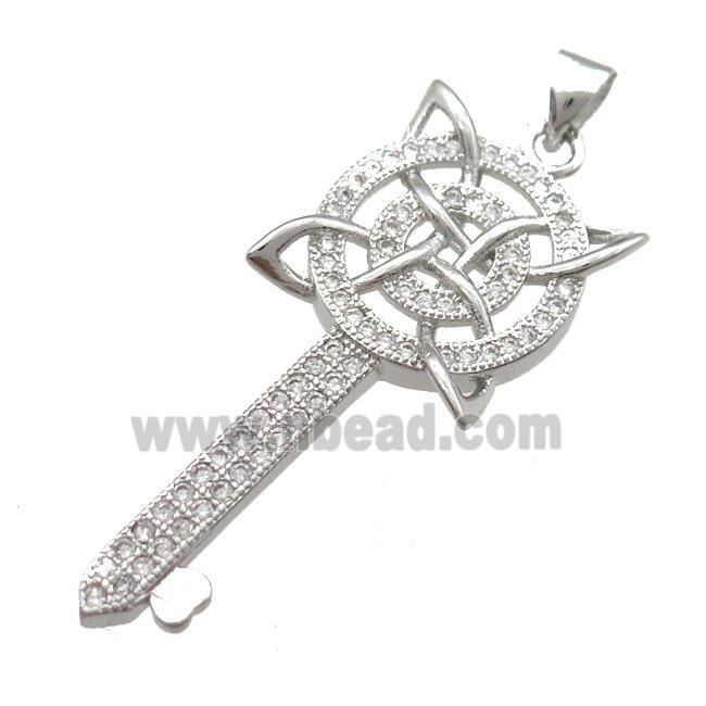 copper Key pendant pave zircon, platinum plated