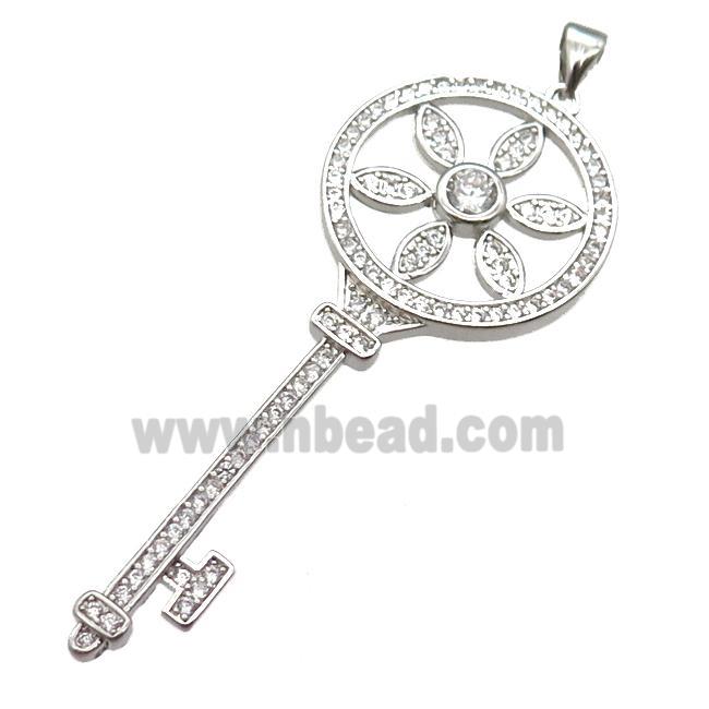 copper Key pendant pave zircon, platinum plated