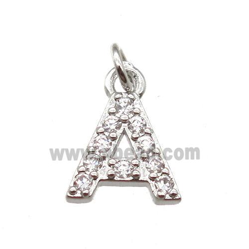 copper letter-A pendant paved zircon, platinum plated