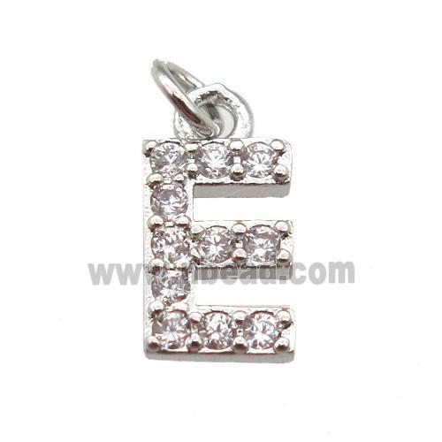 copper letter-E pendant paved zircon, platinum plated