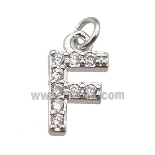 copper letter-F pendant paved zircon, platinum plated