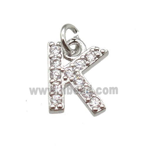 copper letter-K pendant paved zircon, platinum plated