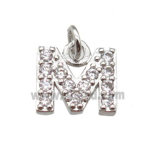 copper letter-M pendant paved zircon, platinum plated
