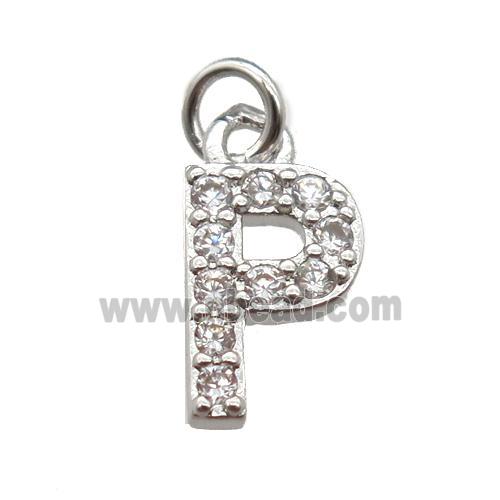 copper letter-P pendant paved zircon, platinum plated