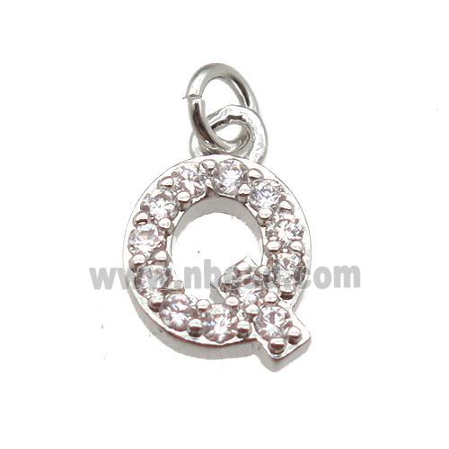 copper letter-Q pendant paved zircon, platinum plated