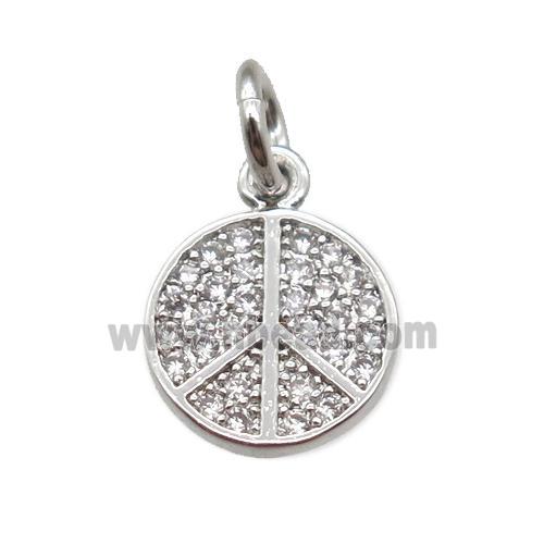 copper pendant paved zircon, peace sign, platinum plated