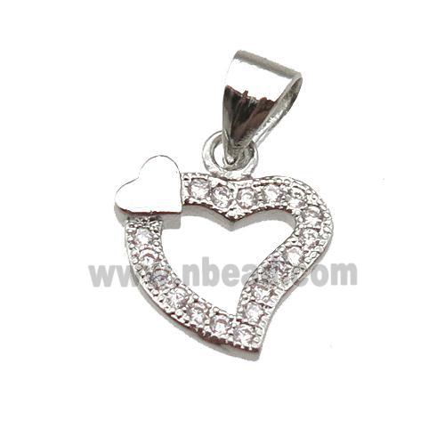 copper heart pendant paved zircon, platinum plated
