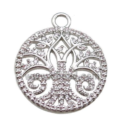 copper circle pendant paved zircon, platinum plated