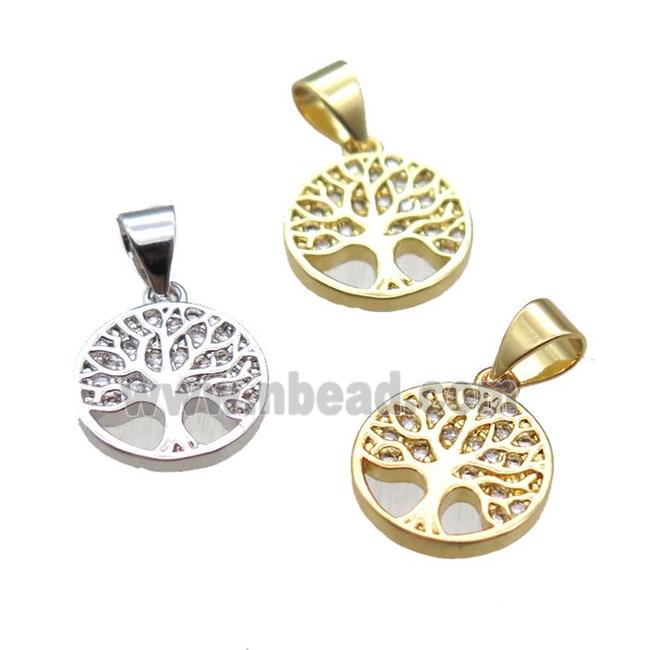 copper pendant paved zircon, tree of life, mixed color