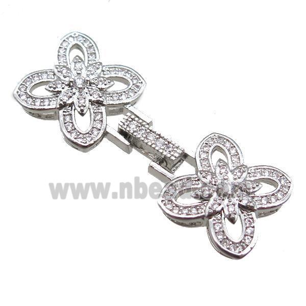 copper connector clasp paved zircon, clover, platinum plated