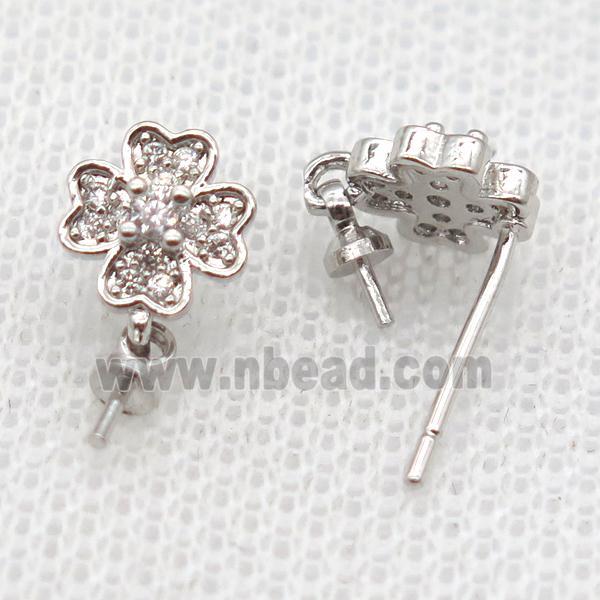 copper Stud Earrings paved zircon, clover, platinum plated