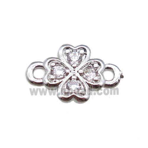 copper clover connector paved zircon, platinum plated