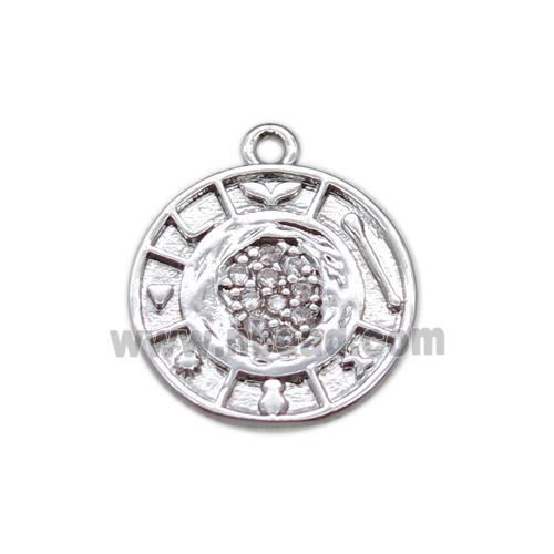 copper circle pendant paved zircon, platinum plated