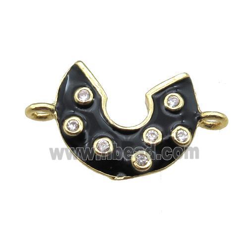 copper moon connector paved zircon with black enameling, gold plated