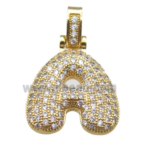 copper letter-A pendant paved zircon, gold plated