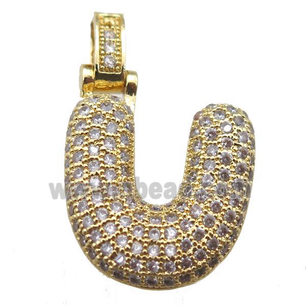 copper letter-U pendant paved zircon, gold plated