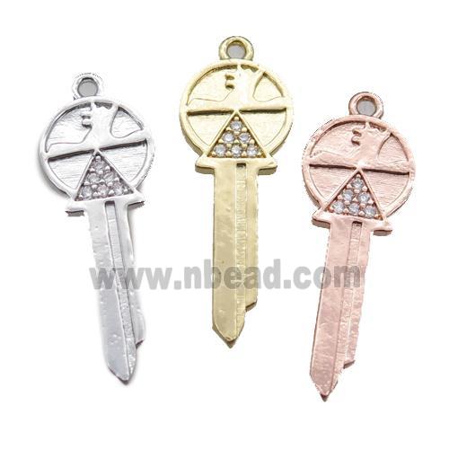copper key pendant paved zircon, mixed color