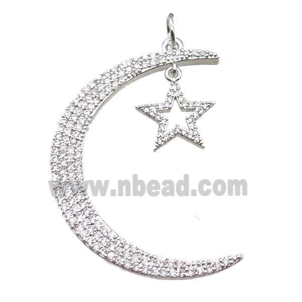 copper moon star pendant paved zircon, platinum plated