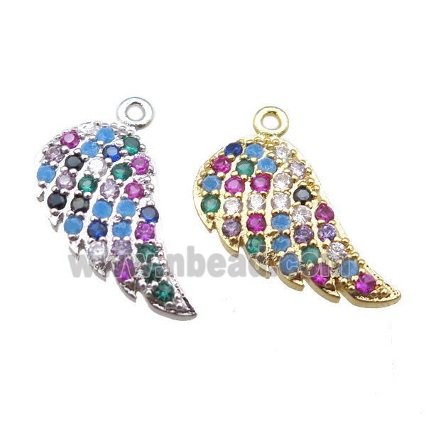 copper pendant paved zircon, angel wings, mixed color