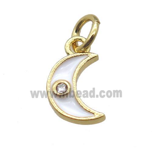 copper moon pendant paved zircon, white enameling, gold plated