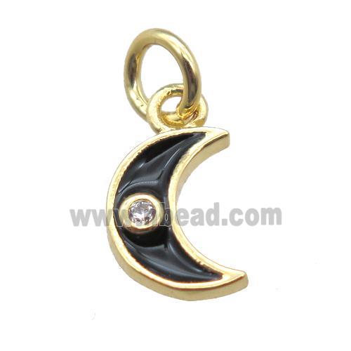 copper moon pendant paved zircon, black enameling, gold plated