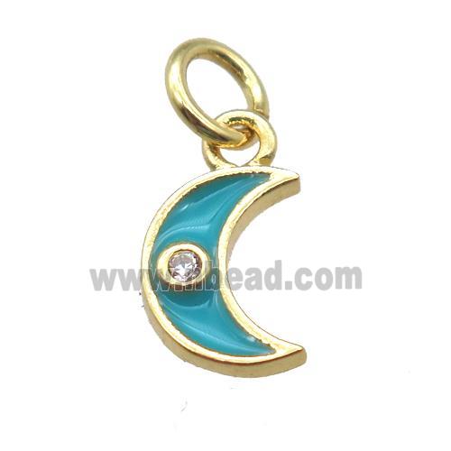 copper moon pendant paved zircon, aqua enameling, gold plated