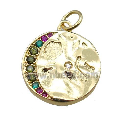 copper circle pendant paved zircon, gold plated