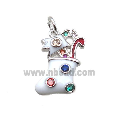 copper Christmas stocking pendant paved zircon, platinum plated