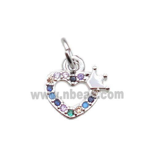 copper crown heart pendant paved zircon, platinum plated