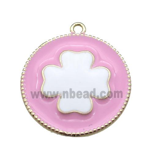 copper clover pendant with pink enameling, gold plated