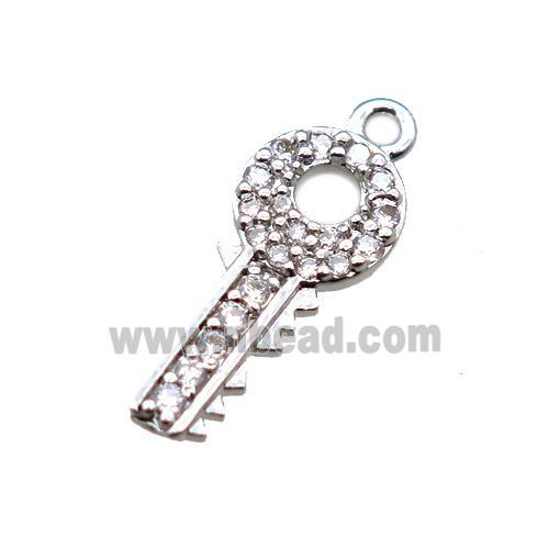 copper key pendant paved zircon, platinum plated