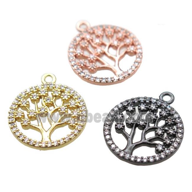 copper pendant paved zircon, tree of life, mixed color
