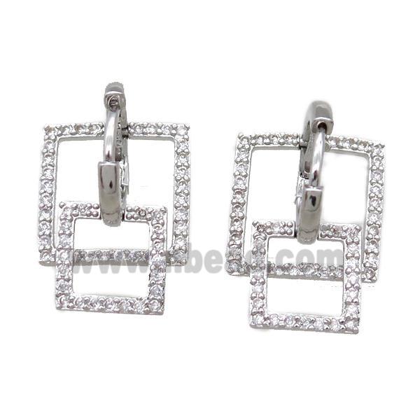copper huggie Hoop Earrings paved zircon, square, platinum plated
