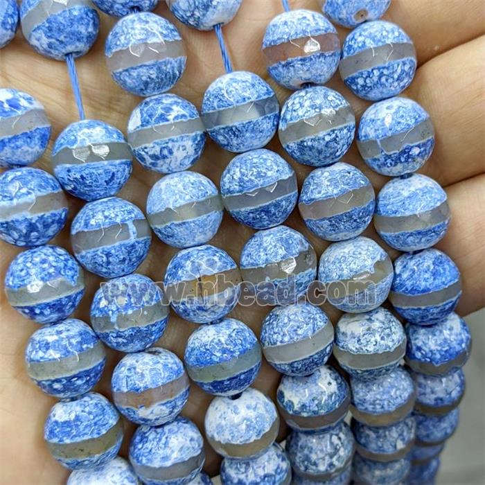 Tibetan Agate Beads Faceted Round Blue Dye B-Grade