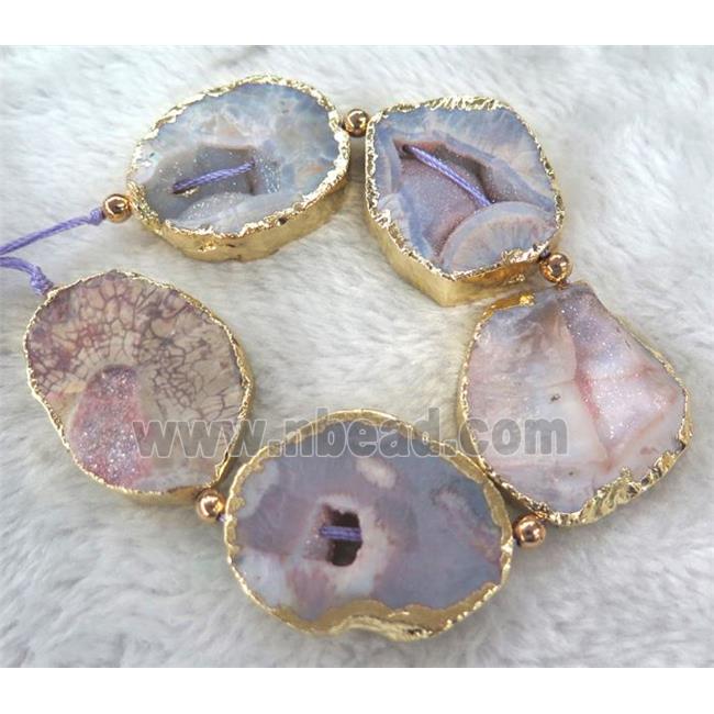 druzy Agate beads, pink, freeform, gold plated
