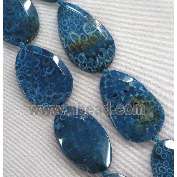 blue Coral Fossil slice beads, faceted freeform, dye