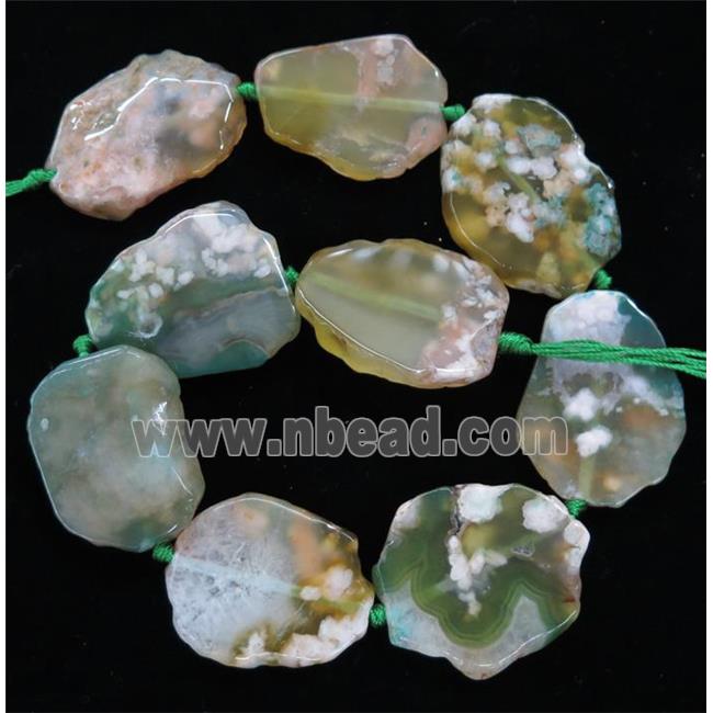 green Cherry Agate slice beads, flat freeform