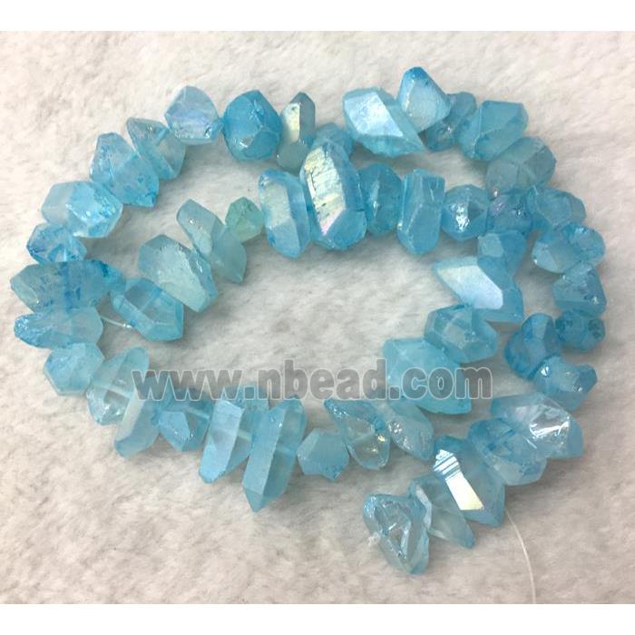 clear quartz bead, freeform, blue AB color plated