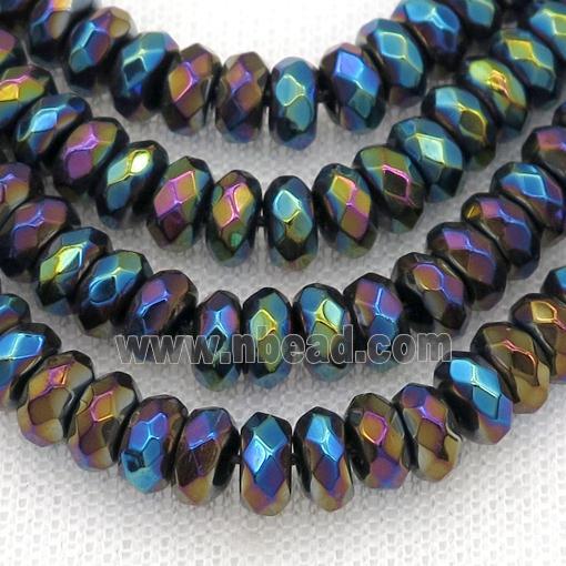 black Onyx agate beads, faceted rondelle, rainbow electroplated