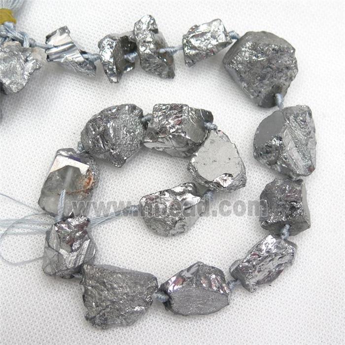 Crystal Quartz Nugget Beads, freeform, silver electroplated