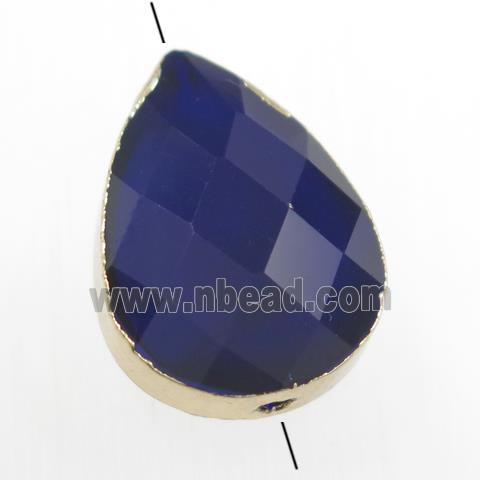 dark blue glass crystal bead, teardrop, gold plated