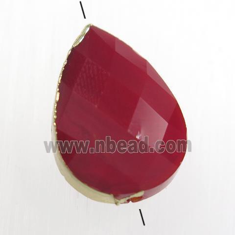red glass crystal bead, teardrop, gold plated
